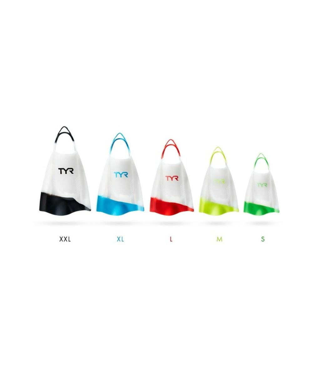 A set of TYR Hydroblade swim fins in various sizes, displayed in a row with color-coded sizing labels from S to XXL.