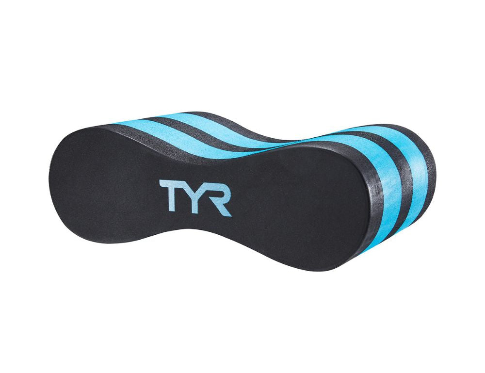 Black and blue TYR swim training tool on a white background
