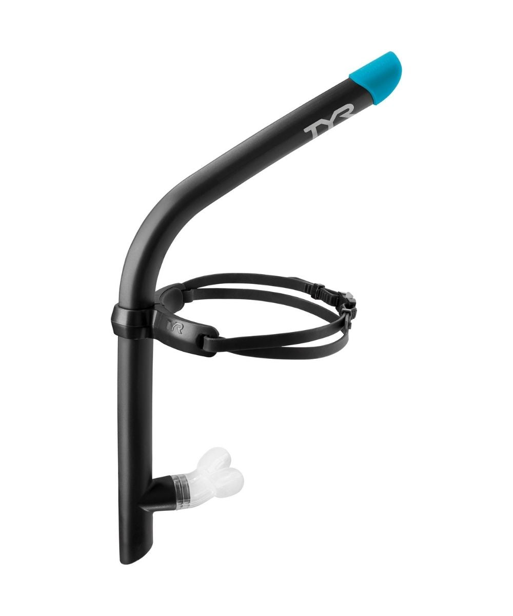 TYR Ultralite Snorkel 2.0 with black strap and tube, featuring a blue tip.